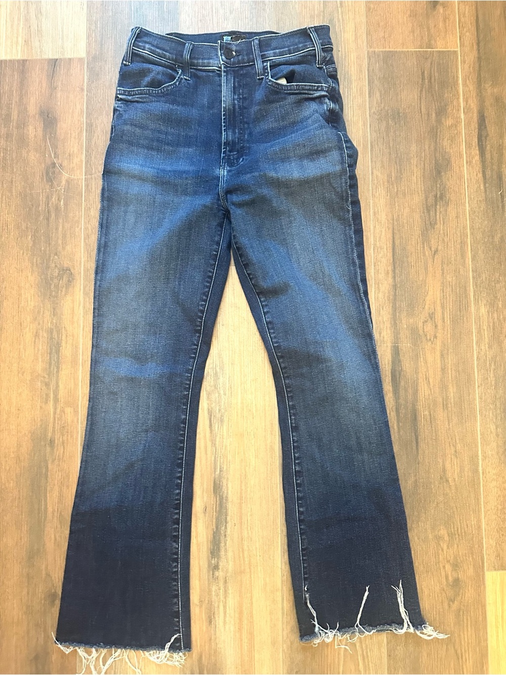 MOTHER The Hustler Ankle Fray Dark Blue Frayed Hem Flare Jeans Sz 27